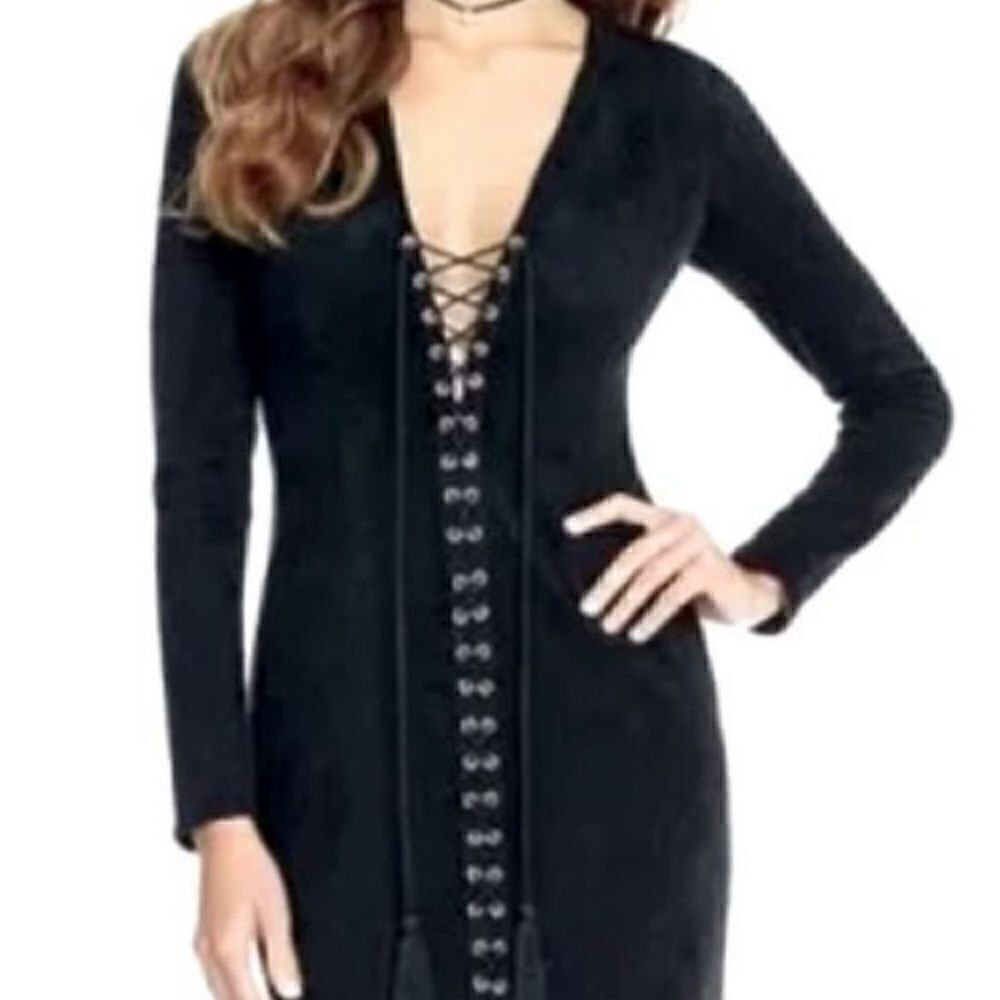 🕷️GIANNI BINI “ROXY” stretchy BLACK LACE-UP MINI DRESS SZ SMALL fits like M-L